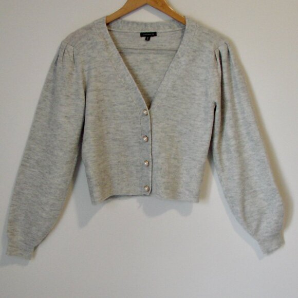 Gray V-neck Cardigan Sweater Decorative Button Up Front Soft Office Size Small - Picture 1 of 11
